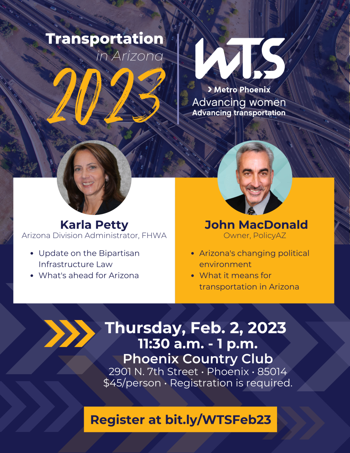 WTS Metro Phoenix presents Transportation in Arizona 2023 with speakers Karla Petty and John MacDonald on Thurs Feb 2 at 11:30 a.m.