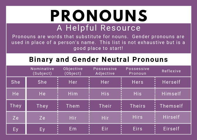 Graphic showing chart of gender pronouns