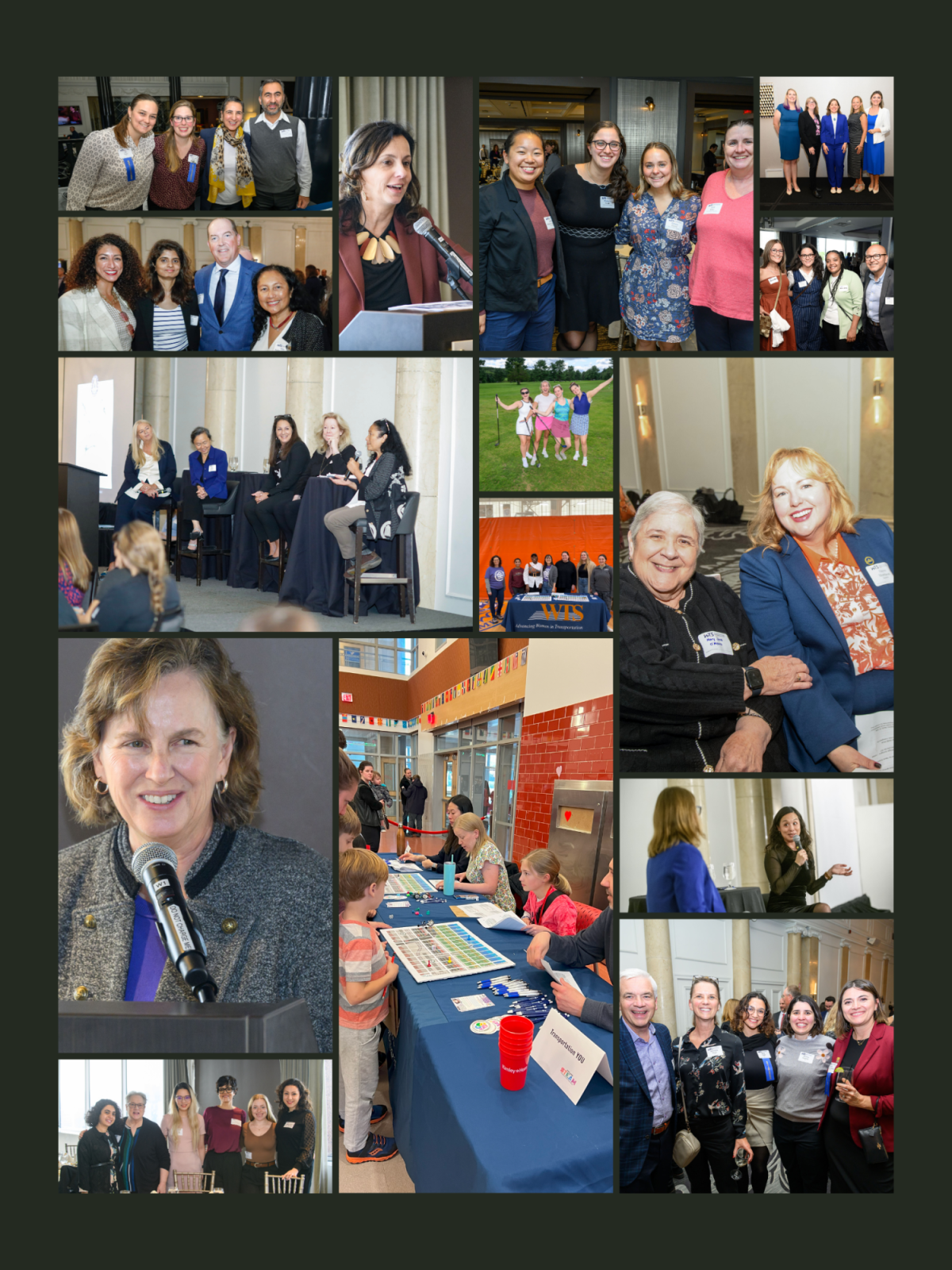 Photo collage from WTS Boston events throughout 2024 including speakers and attendees at luncheons, the golf tournament, and Transportaiton YOU events working with children.