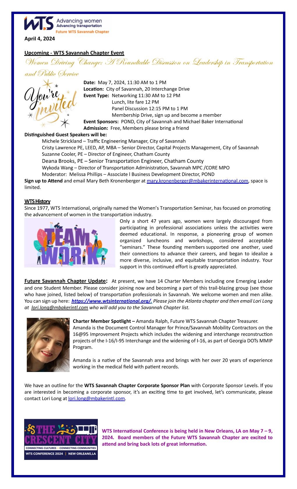 WTS Savannah Chapter Newsletter April 2024 Page 1