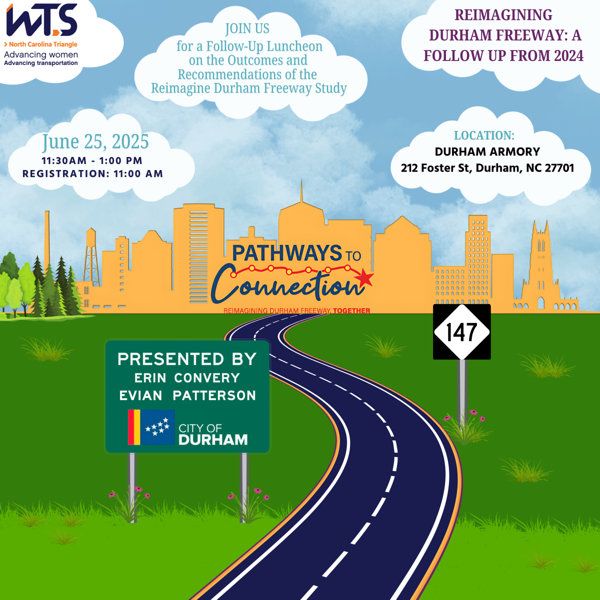 Transportation themed flier for WTS NC Triangle Event, Reimagining Durham Freeway: A Follow-Up