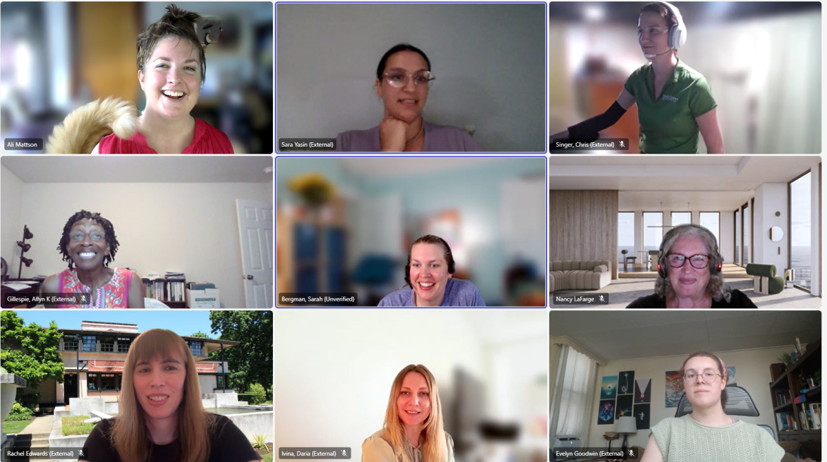 Screenshot of a virtual meeting with nine participants displayed in a 3x3 grid. Each person is in a separate video frame, smiling or appearing engaged. The participants are in various home or virtual backgrounds, including an office, a living room, and outdoor scenes. Names and affiliation labels (e.g., "External," "Unverified") are visible under each video window. This image captures a moment from a friendly and inclusive online book club or discussion event.