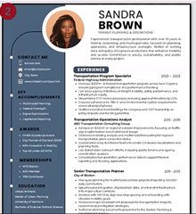 An example of a professional-looking resume with a headshot at the top of teh page, a blue side panel on the left with information in bulleted lists and additional information in the body of the page.
