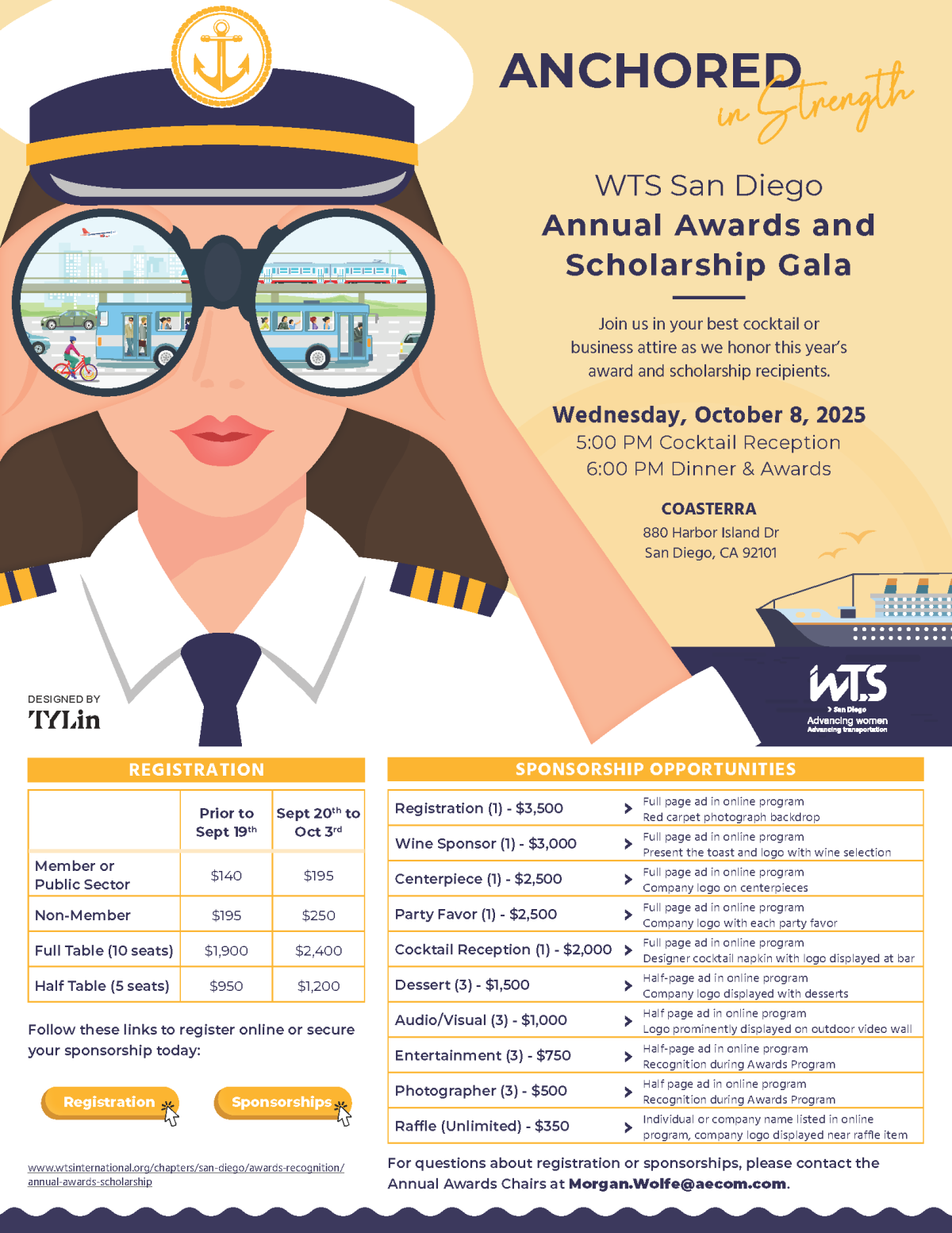 An illustration of a woman captain holding binoculars to her face, and in the eyeglass is a reflection of multiple modes of transportation. Registration and sponsorship opportunities are listed.