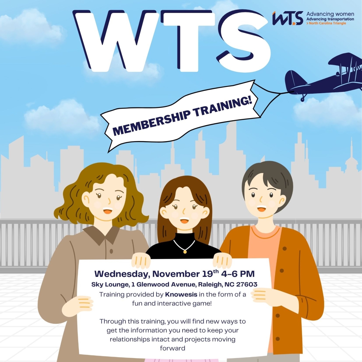 A graphic for WTS membership only training on November 19 with 3 smiling women holding a sign with details about the event