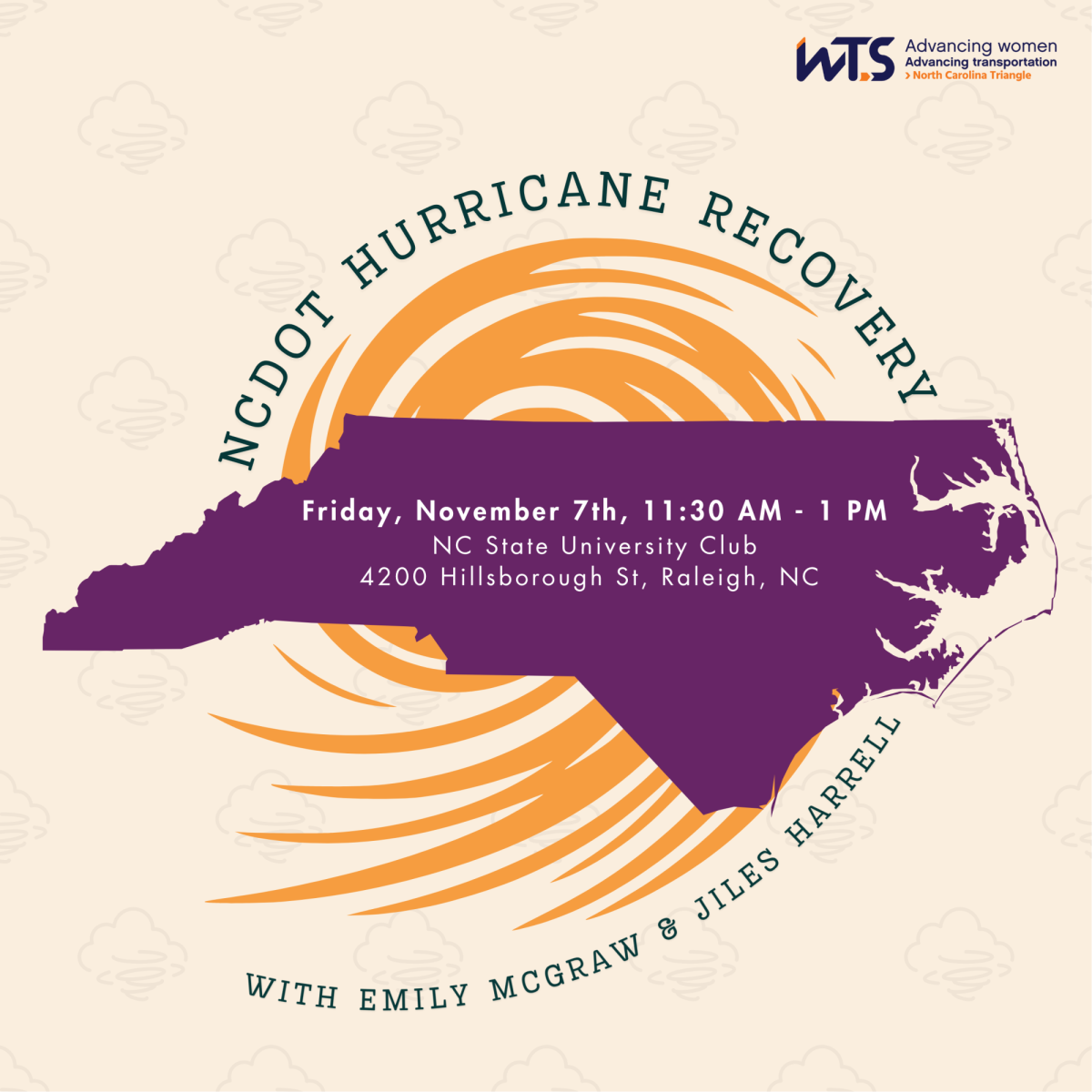 A graphic showing the state of North Carolina with details about an NCDOT hurricane recovery luncheon
