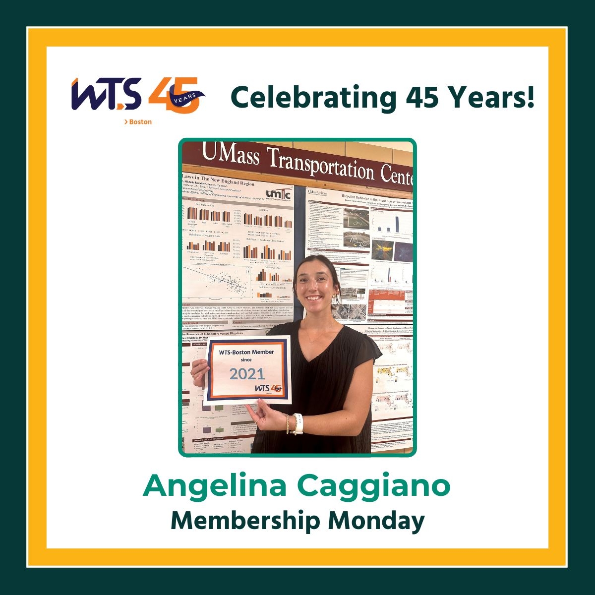 Young woman smiles at the camera holding a sign saying 2021. Above her photo reads celebrating 45 years. Below her photo says Angelina Caggiano Membership Monday.