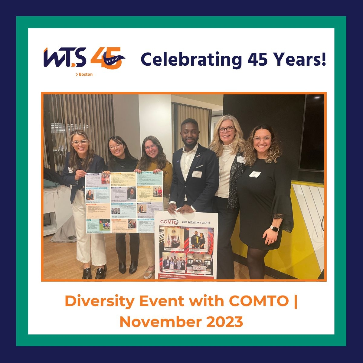 A group of 6 people pose with posters. Above the photo reads Celebrating 45 Years in blue and below the photo are the words Diversity event with COMTO November 2023 in orange.