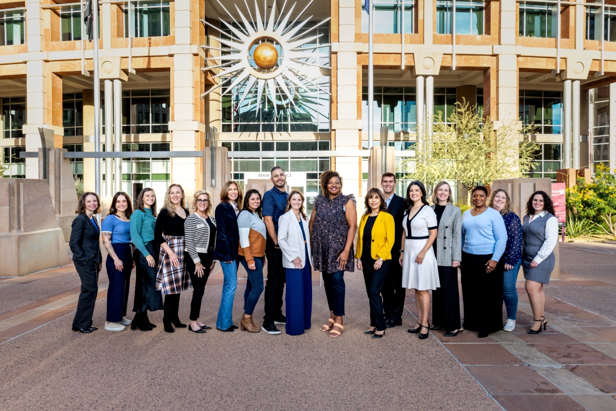 WTS Metro Phoenix Chapter Board Members standing in a line in front of Phoenix City Hall