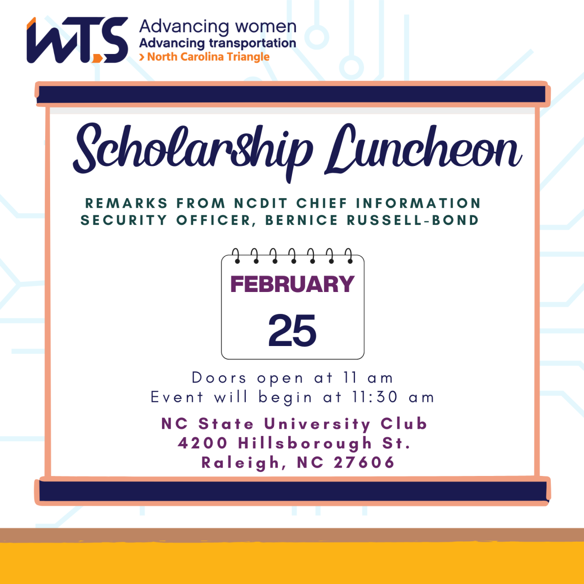 An informational graphic regarding a WTS Scholarship Luncheon to be held on February 25th at 11:30 am