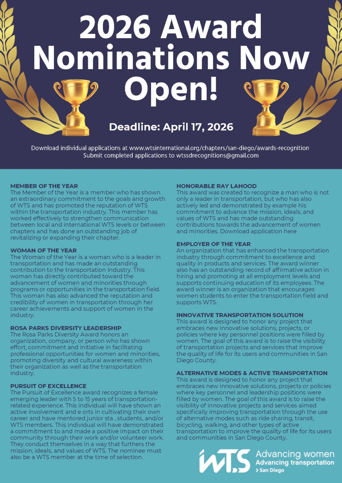 2026 WTS-SD Award Nominations Descriptions