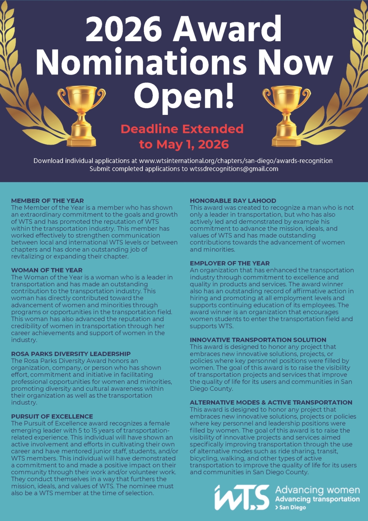 Award nomination categories for WTS-San Diego