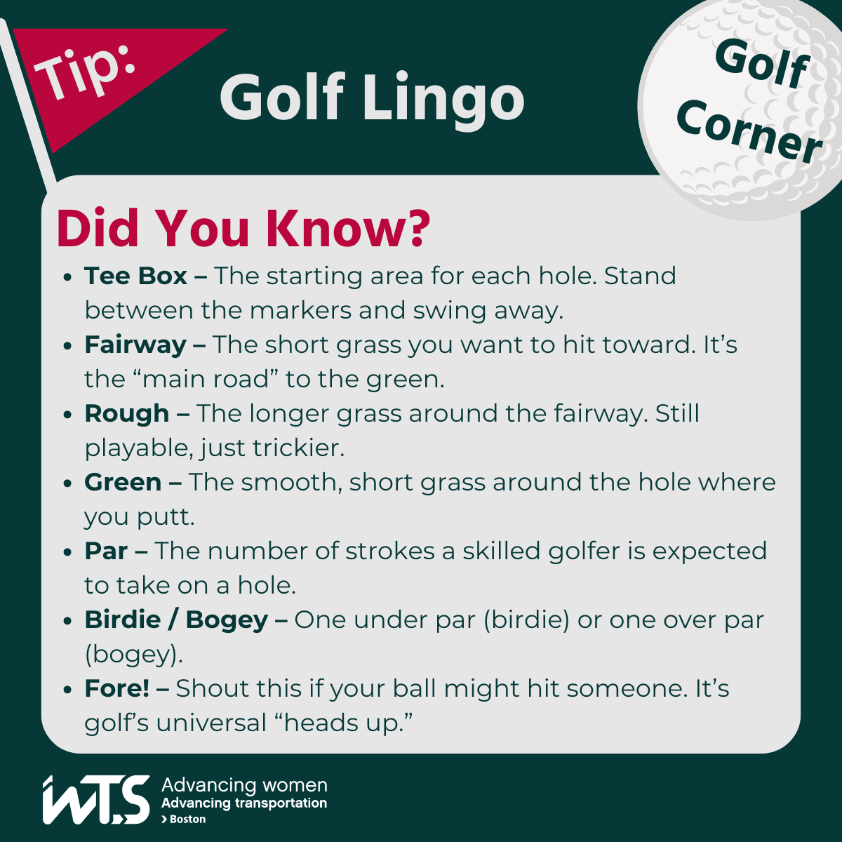Graphic titled "Golf Lingo." Golf tip gives definitions of common golf terms