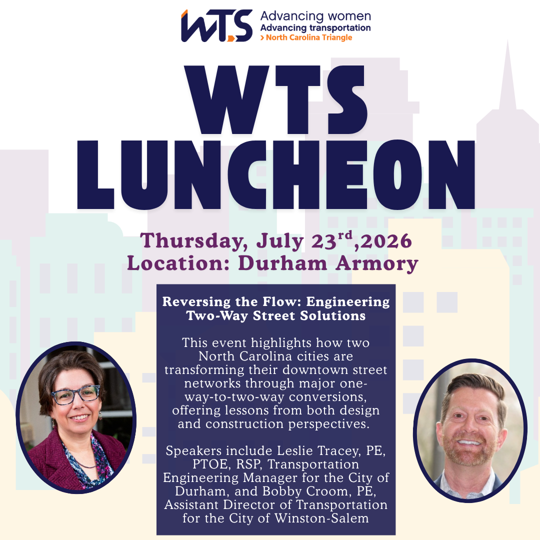A city-themed flyer for the WTS NC Triangle Chapter luncheon event featuring Leslie Tracey and Bobby Croom
