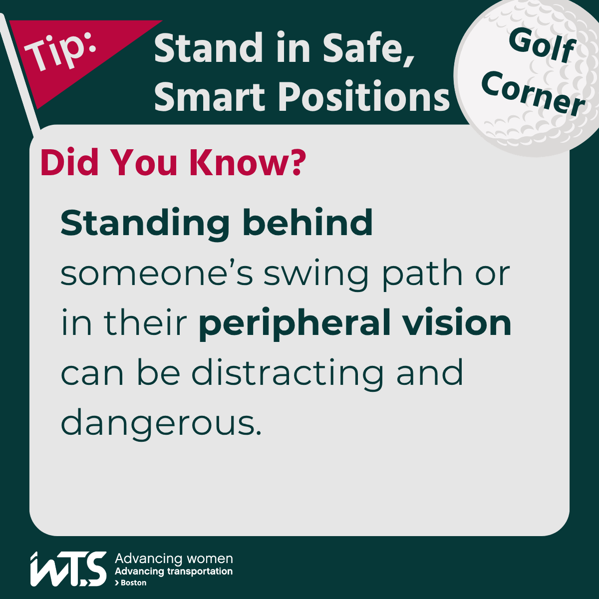 Graphic titled "Stand in Safe, Smart Positions." Golf tip recommends not standing behind a golfer