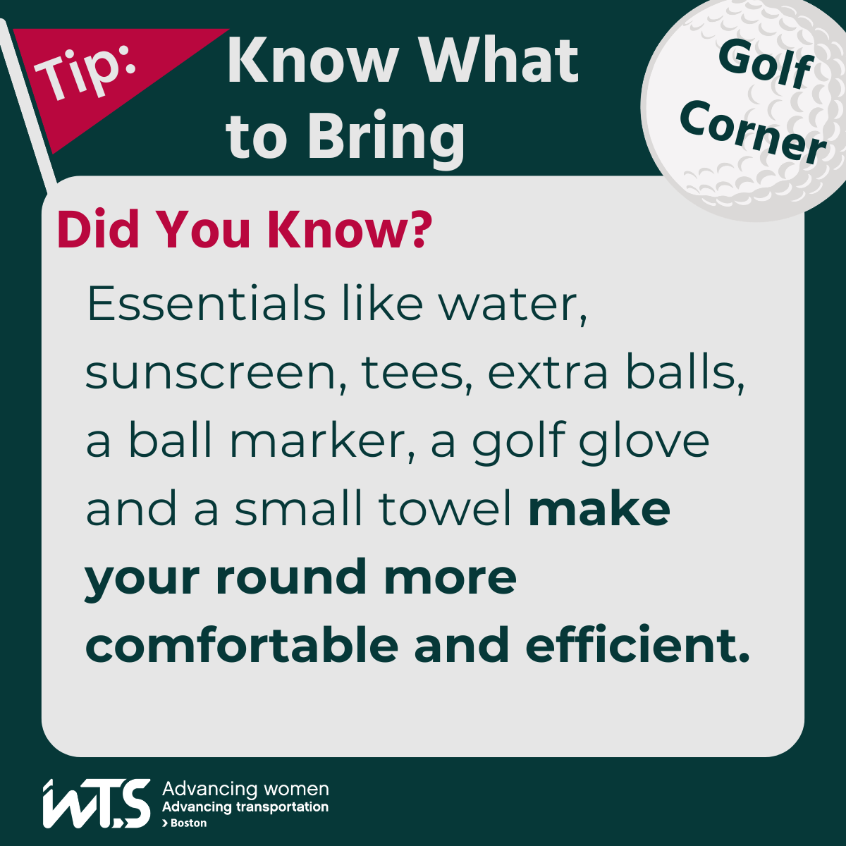 Graphic titled "Know What to Bring." Golf tip recommends bringing water, sunscreen, tees, extra balls, a ball marker, a golf glove, and a small towel.