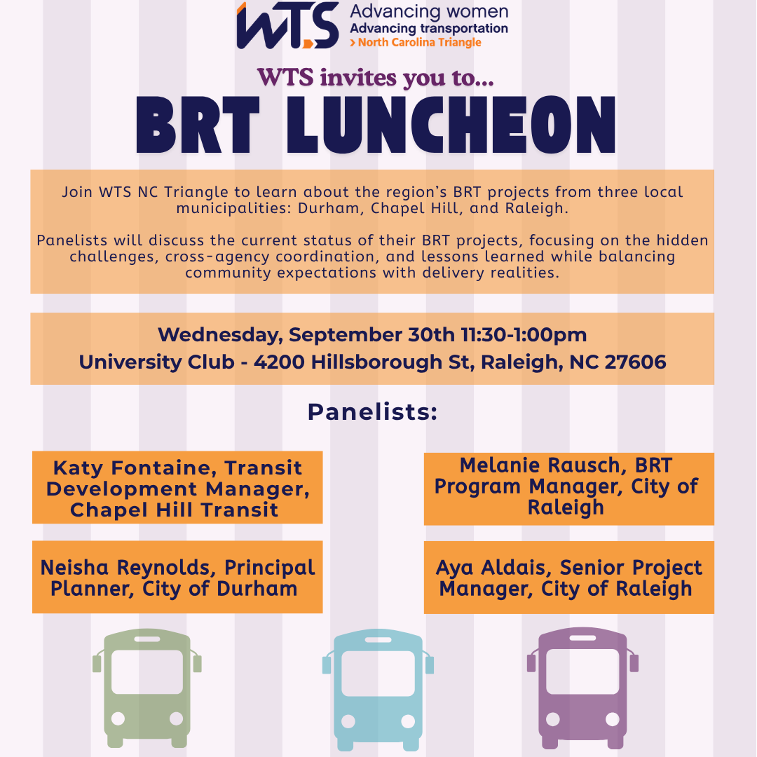 A bus-themed graphic features an invitation to the WTS BRT Luncheon