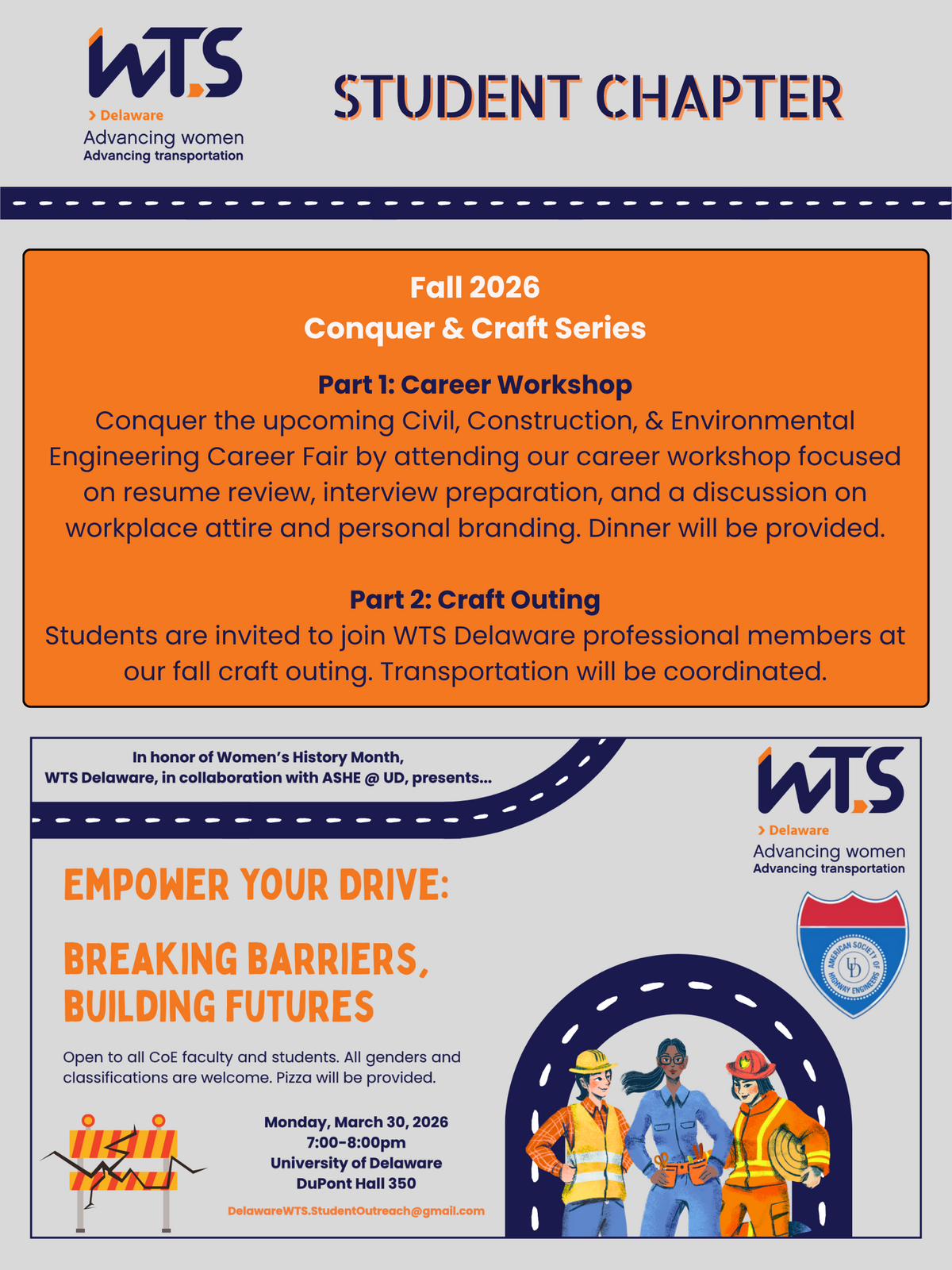 Fall 2026 Conquer & Craft Series Part 1: Career Workshop Conquer the upcoming Civil, Construction, & Environmental Engineering Career Fair by attending our career workshop focused on resume review, interview preparation, and a discussion on workplace attire and personal branding. Dinner will be provided. Part 2: Craft Outing Students are invited to join WTS Delaware professional members at our fall craft outing. Transportation will be coordinated. Highlights past March 2026 event at University of Delaware.