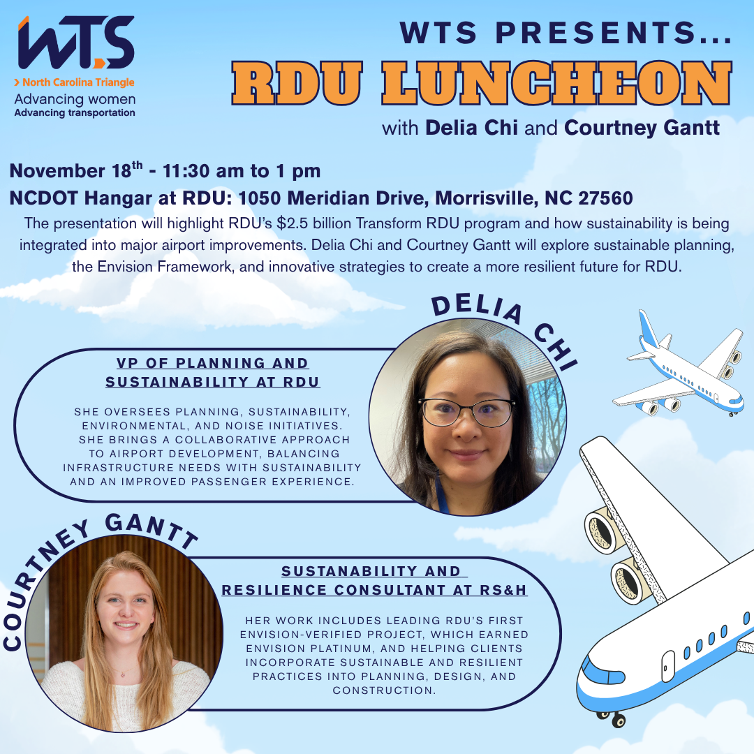 WTS flier advertising details for the November luncheon at RDU, with a blue sky and airplanes in the background. Smiling headshot photos for speakers Delia Chi and Courtney Gantt are also featured