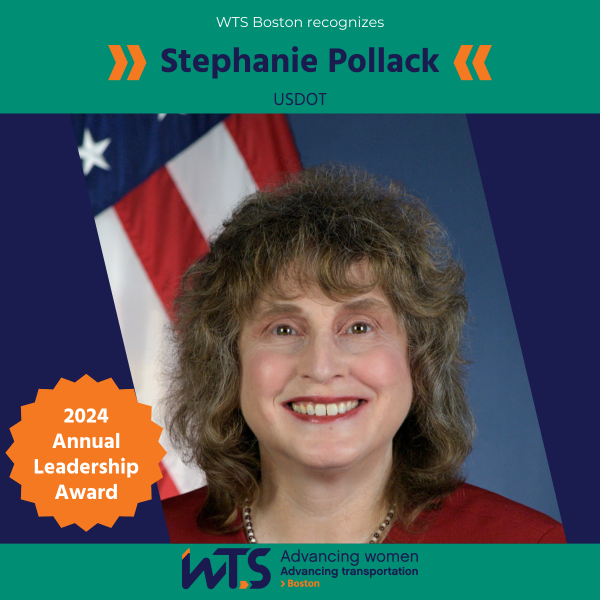 Headshot of Stephanie Pollack framed in green and blue with orange medal stating 2024 Annual Leadership Award