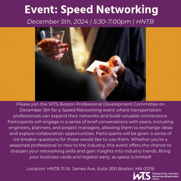 Graphic for upcoming Speed Networking event with purple and yellow trim and a photo of people talking.