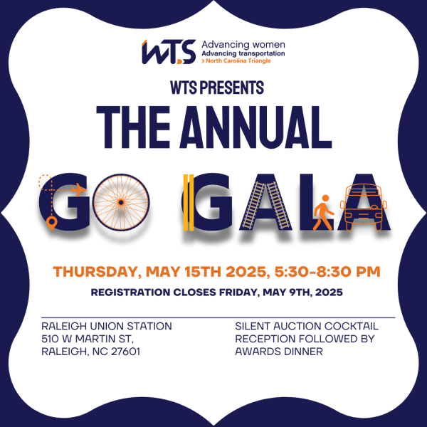 Transportation-themed Save the Date graphic for the WTS NC Triangle Go Gala event, to be held on May 15 at 5:30 p.m. at Raleigh Union Station