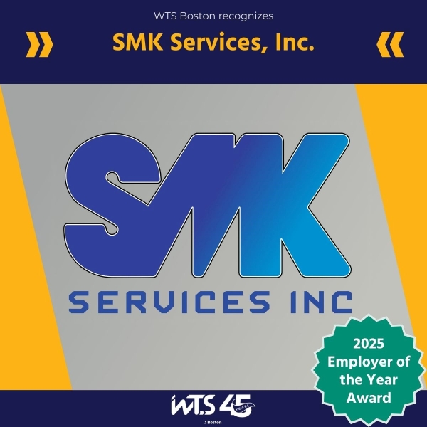 SMK Services, Inc. logo under a header that says "WTS Boston recognizes SMK Services, Inc." A seal over the image says "2025 Employer of the Year Award," and the footer says "WTS 45 Boston.". Single Picture: SMK Services, Inc.