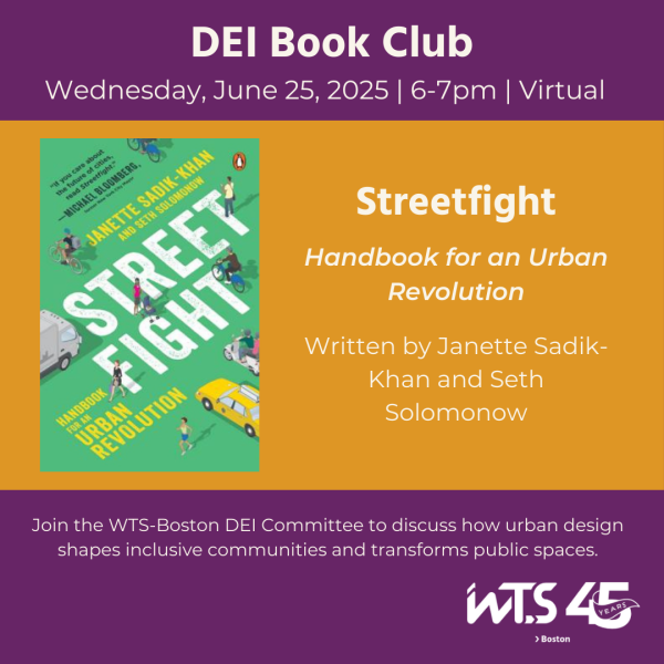 Purple digital flyer for the DEI Book Club on June 25, 2025, 6–7pm (virtual), featuring the book Streetfight: Handbook for an Urban Revolution by Janette Sadik-Khan and Seth Solomonow. WTS Boston logo included at the bottom.