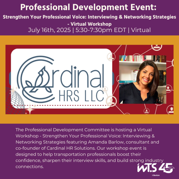 Purple background with Amanda Barlow's headshot, Cardinal HR Solution's logo and information onthe WTS-Boston Professional Development virtual event Virtual Event information: "Strengthen Your Professional Voice Interviewing & Networking Strategies"