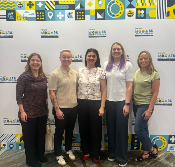 Group photo of WTS-Boston executive board. From left to right: Gina Solman, Katie Kalugin, Selma Mandzo, Sarah Bergman, and Alyssa Resendez Peck.