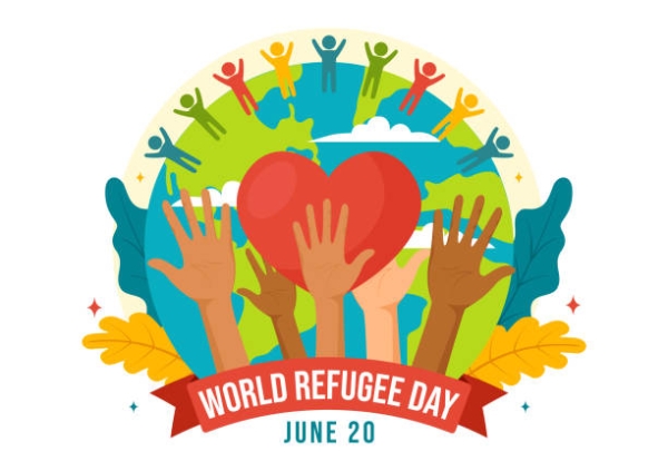 Illustration celebrating World Refugee Day on June 20, featuring diverse hands of varying skin tones raised upwards, holding a large red heart. The background depicts a globe with people icons of different colors standing on top, symbolizing unity and support. Below, a red banner displays the words "World Refugee Day" with the date "June 20" beneath it, surrounded by decorative leaves.
