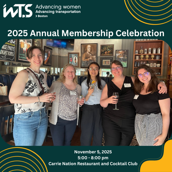 Five smiling women holding drinks. Image provides information for annual membership celebration.