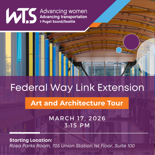 Background image of transit station with text: Federal Way Link Extension Art and Architecture Tour, March 17, 2026, 3:15pm