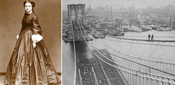 Photograph of woman wearing 19th-century clothing, and photograph of workers on suspended walkway of bridge structure