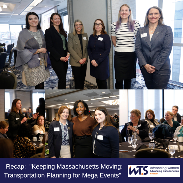 Photo of Moderator and Panelists with Sarah Bergman (WTS). Left to right: Julia Campbell (Modeator), Amy Yandle (City of Boston), Amy Getchell (MassDOT), Sarah Bergman (WTS President), and Erika Mazza (MBTA), taken on March 5, 2026 at the Wyndham Boston Beacon Hill hotel in Boston.