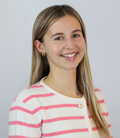 On the left is a portrait of a young woman with long straight hair, wearing a white top with pink stripes and a necklace