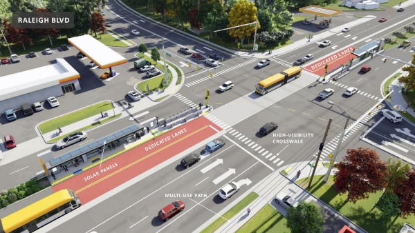 Rendering of the New Bern bus rapid transit project showing a signalized intersection on Raleigh Blvd with red lanes for bus traffic 