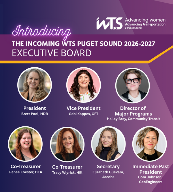 Individual headshot for seven individuals over a purple background. Text: Introducing the incoming WTS Puget Sound 2026-2027 Executive Board