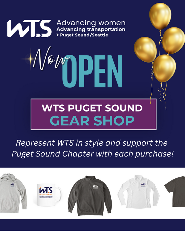 Gold balloons on purple background with text: WTS Puget Sound Gear Shop and image of shirts and coffee mug
