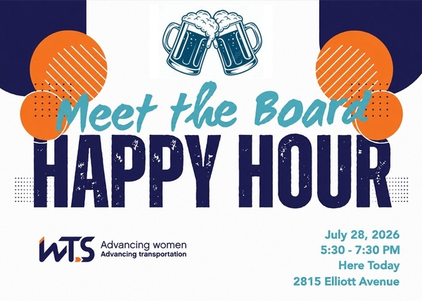 Graphic of two beer glasses "clinking" with text: Meet the Board Happy Hour. July 28, 2026. 5:30 - 7:30 PM. Here Today Brewery at 2815 Elliott Avenue.
