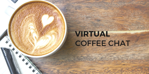 Virtual coffee chat with coffee and notebook on table