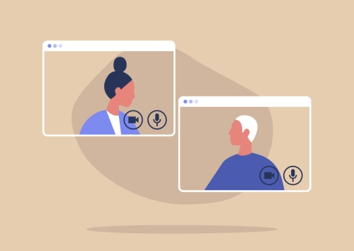Illustration of two people meeting virtually.