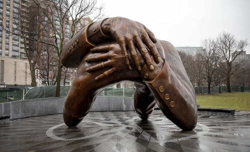 Recently installed statue on the Boston Common depicting the arms of Martin Luther Ling and Coretta Scott King embracing. 