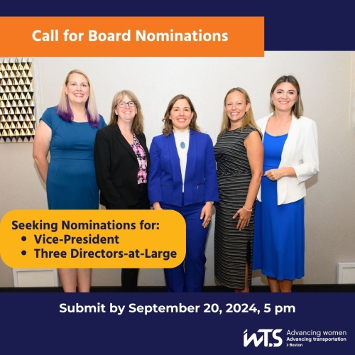Graphic showing current WTS-Boston executive board with title call for nominations