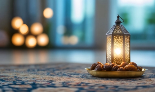An ornate lantern with intricate patterns lit from within is placed on a patterned carpet. In front of the lantern is a plate filled with dates. The background is softly blurred, featuring lights coming in from windows. 