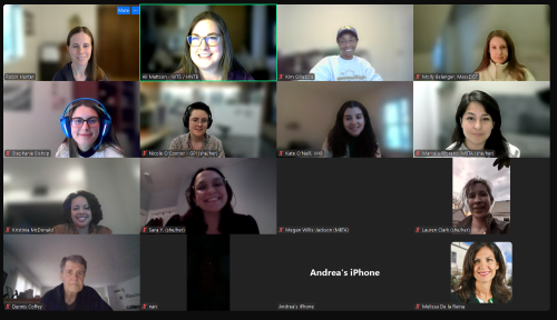 A virtual meeting screenshot with 13 participants in individual boxes, smiling. 