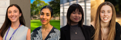 Headshots of scholarship winners. From left to right: Angelina Caggiano, Aanchal Chopra, Xinyi Looi, Addison Collins. 