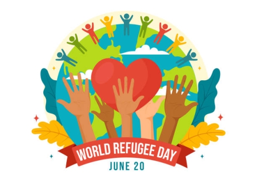 Illustration celebrating World Refugee Day on June 20, featuring diverse hands of varying skin tones raised upwards, holding a large red heart. The background depicts a globe with people icons of different colors standing on top, symbolizing unity and support. Below, a red banner displays the words "World Refugee Day" with the date "June 20" beneath it, surrounded by decorative leaves.