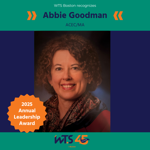 Headshot of Abbie Goodman, a woman with curly brown hair, the recipient of the WTS Boston Leadership Award.