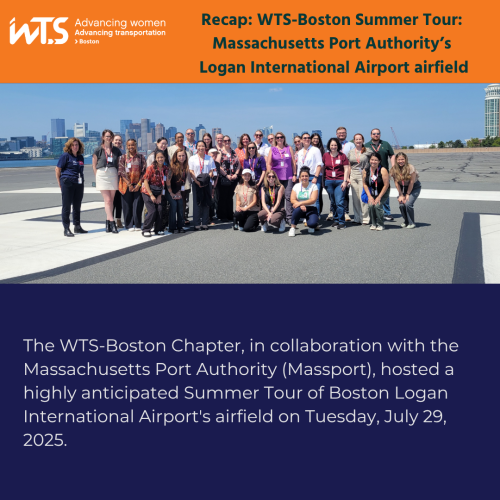  WTS-Boston Summer Tour attendees on a Boston Logan International Airport airfield runway with the downtown Boston skyline in the background. 